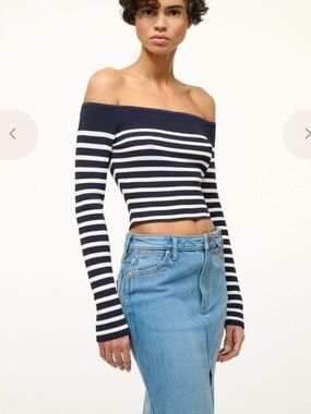 STAUD • Float top, Navy and White Off-Shoulder Striped Cropped Top